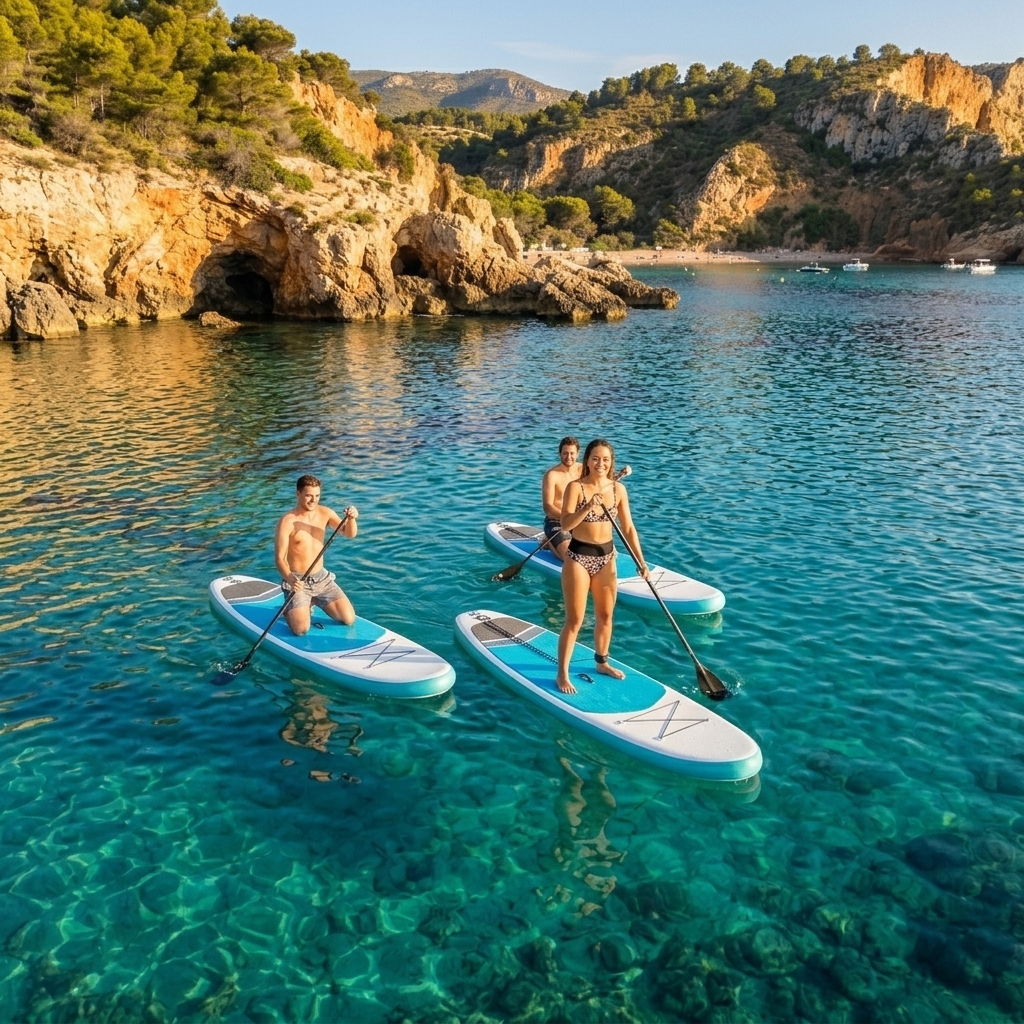 Grupo de amigos practicando paddle surf en la Costa Blanca