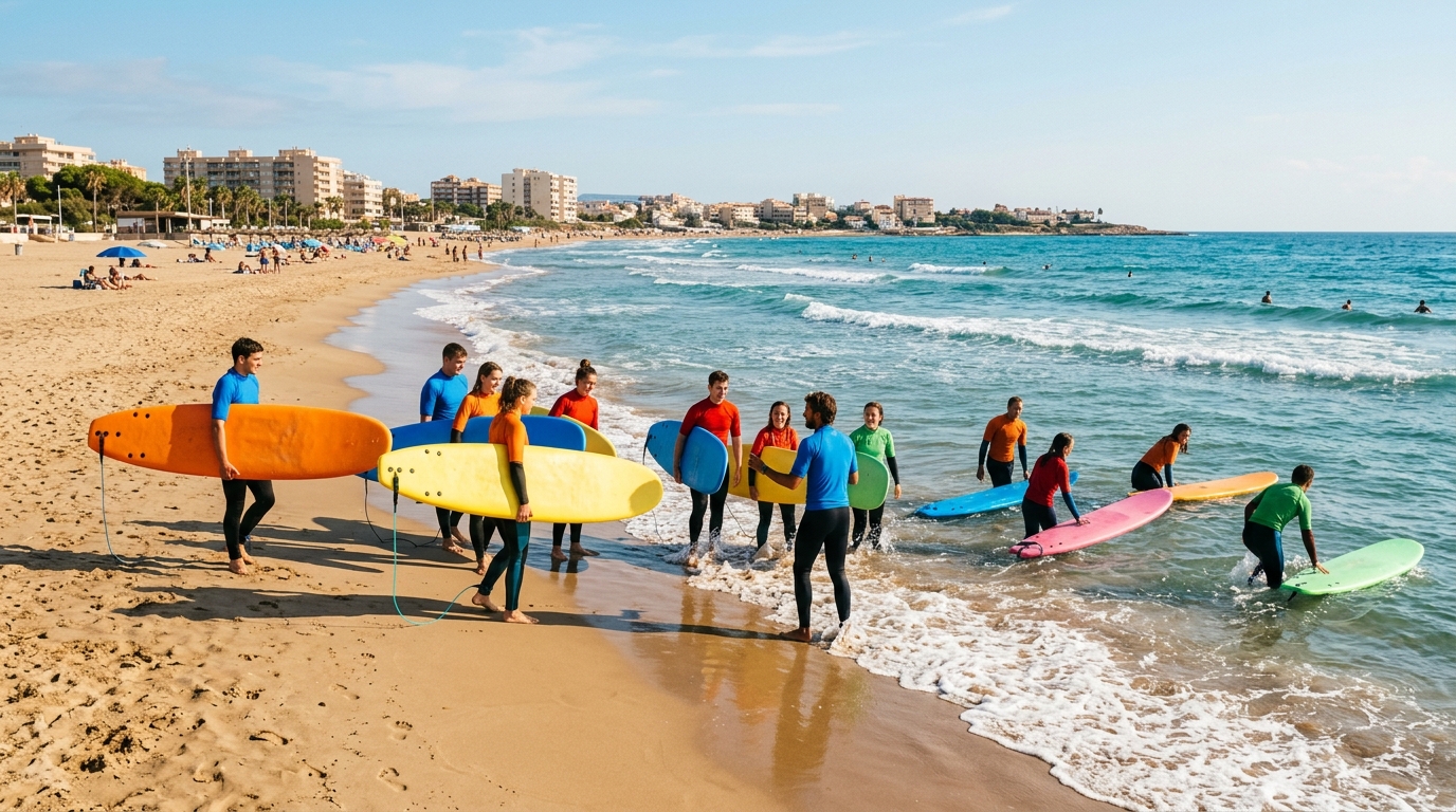 Grupo de alumnos con tablas en Playa La Mata