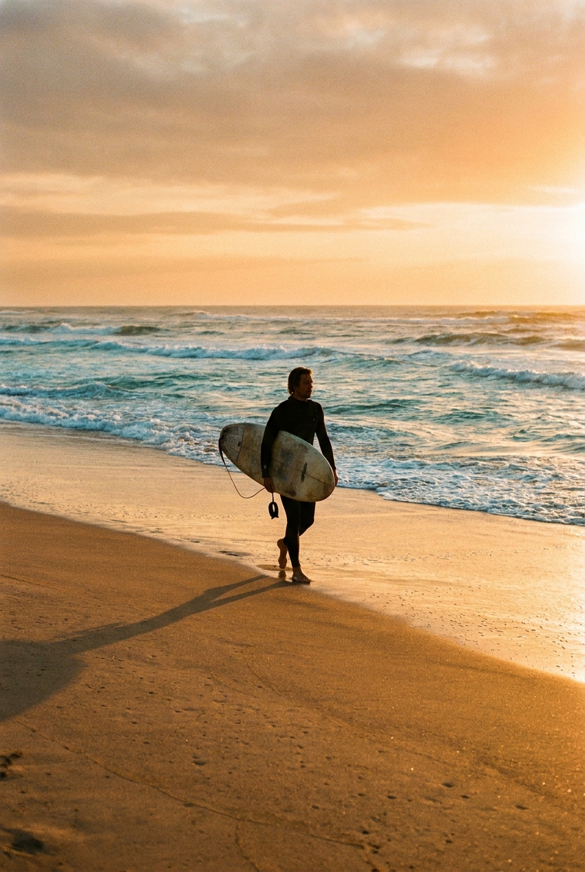 Surfista caminando por la playa al atardecer